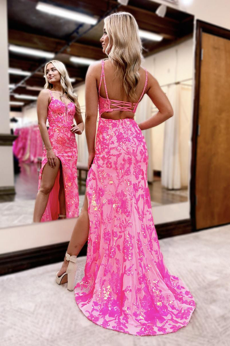 Cute Mermaid V Neck Hot Pink Sequins Lace Long Prom Dress with Slit LD062527