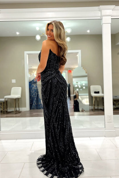 Mermaid Strapless Black Sequins Long Prom Dresses with Slit LD16012005