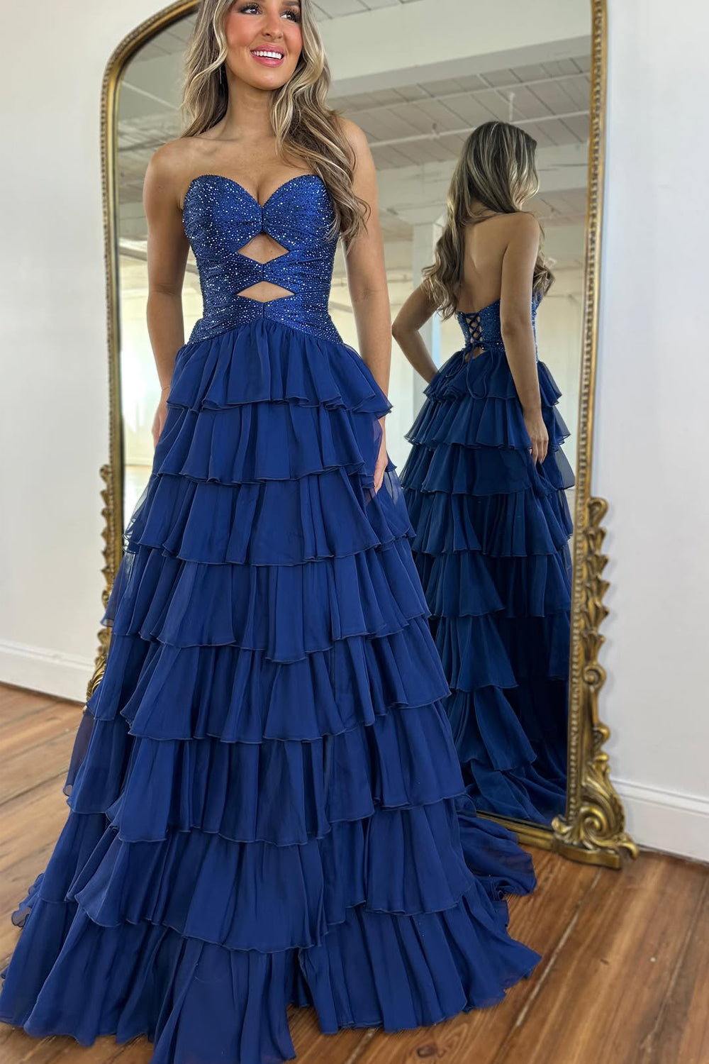 Gorgeous A-Line Sweetheart Chiffon Tiered Prom Dress with Hot Stone LD16010512