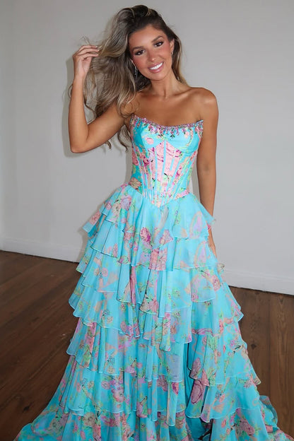 2026 New Arrival A Line Scoop Neck Floral Chiffon Prom Dress with Beading LD16122803