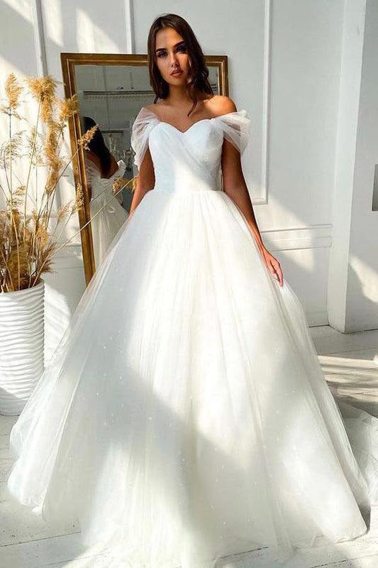 Off-the-Shoulder Ball Gown Wedding Dress with Tulle Skirt