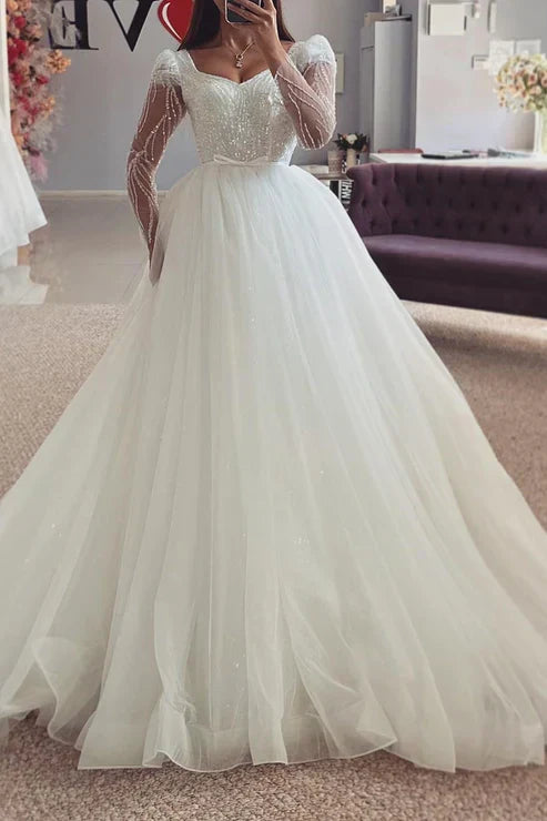 Bateau Neck Long Sleeve Sequined Appliques Tulle Wedding Dress with Empire Waist