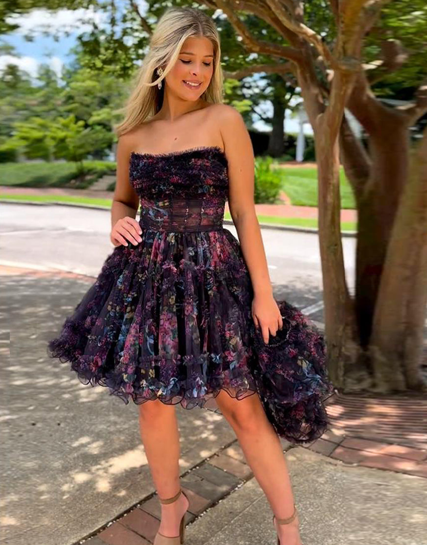 Cute A Line Strapless Floral Printed Puff Sleeves Homecoming Dresses LD071504