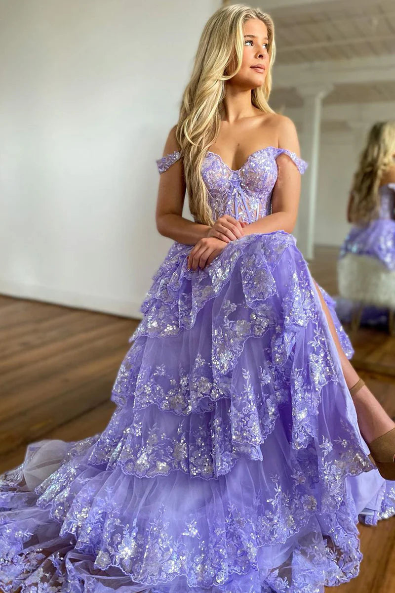 Light Blue Off-the-Shoulder Ball Gown Prom Dress with Tiered Skirt and Slit