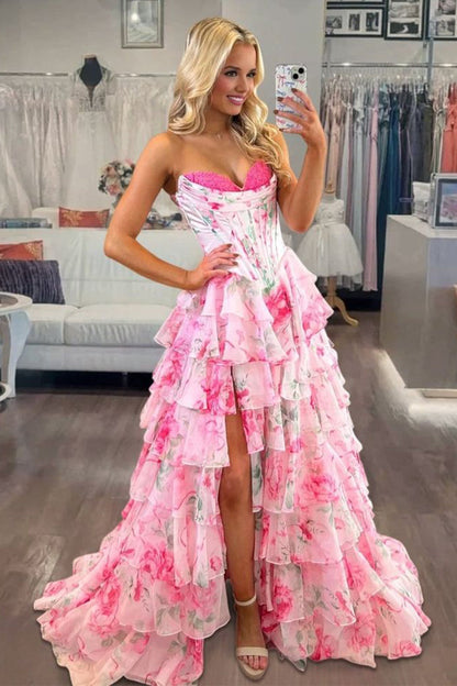 Gorgeous A Line Sweetheart Pink Floral Chiffon Prom Dress with Slit LD16122801