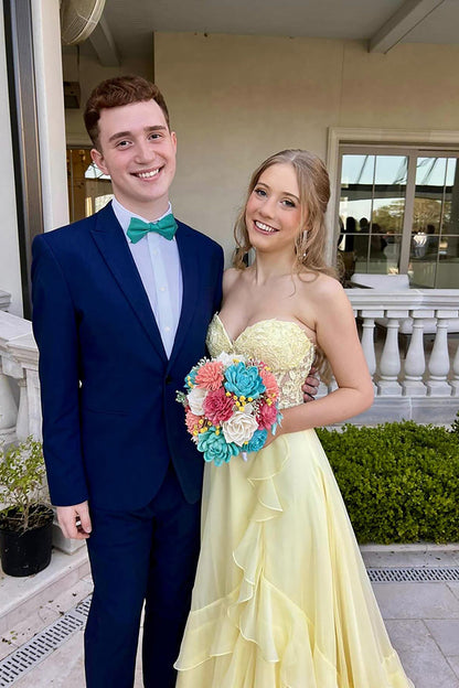 Cute A-Line Sweetheart Yellow Ruffles Tiered Chiffon Long Prom Dresses LD16011206