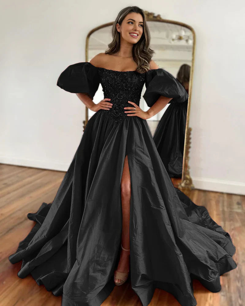 Liana | Off-the-Shoulder A-Line Taffeta Prom Dress with Puffy Short Sleeves