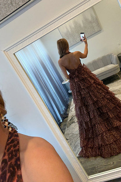 Ball Gown Halter V Neck Brown Leopard Ruffle Tiered Long Prom Dresses LD16011108