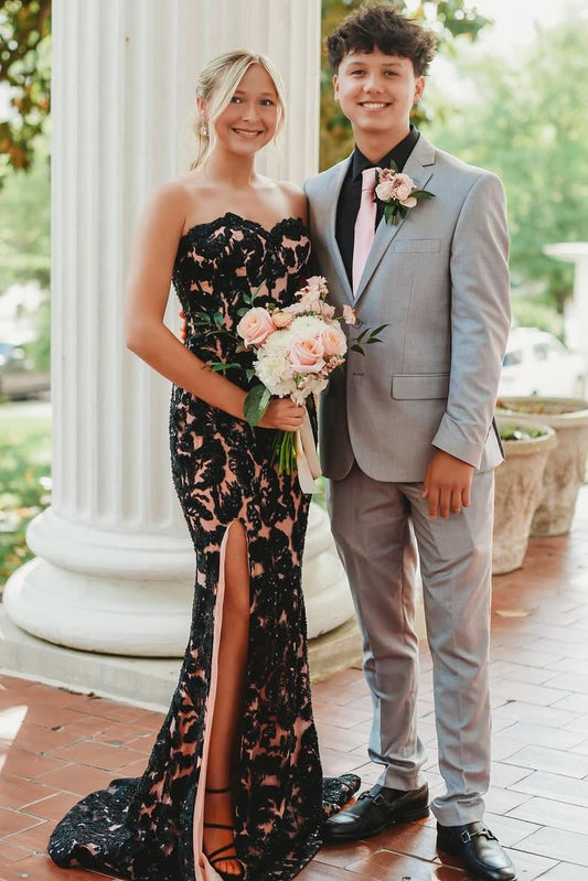 Black Lace Sweetheart Mermaid Long Prom Dresses with Slit LD16011610