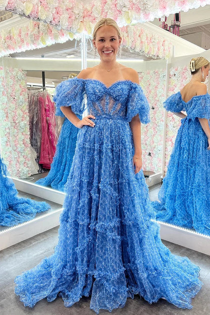 Cute Blue A-Line Long Floral Tulle Prom Dresses LD062553