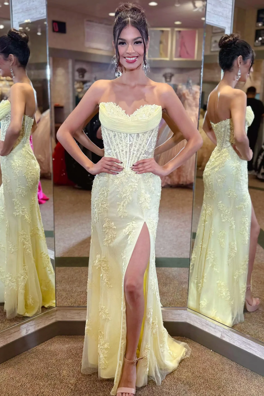 Mermaid Sweetheart Yellow Lace Appliques Long Prom Dresses with Slit LD16011401