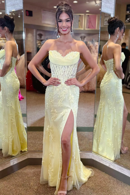 Mermaid Sweetheart Yellow Lace Appliques Long Prom Dresses with Slit LD16011401