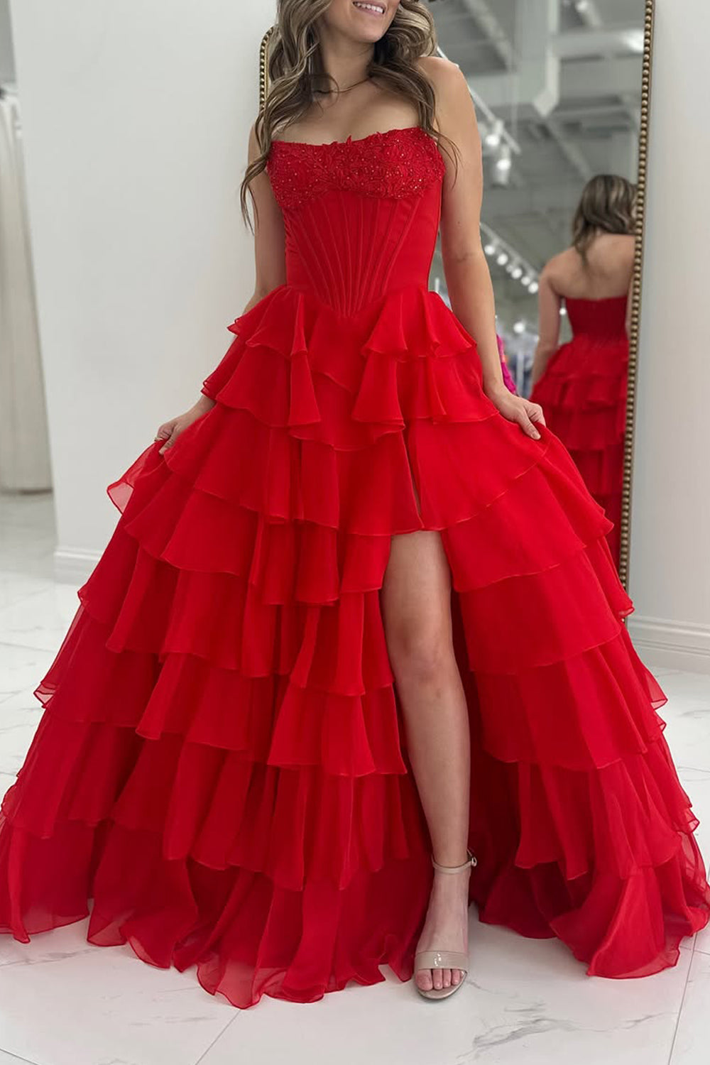 Red A-Line Strapless Ruffle Tiered Appliques Prom Dresses with Slit LD16012503