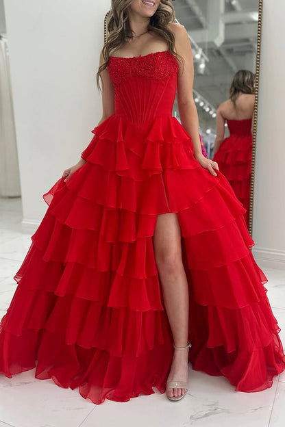 Red A-Line Strapless Ruffle Tiered Appliques Prom Dresses with Slit LD16012503