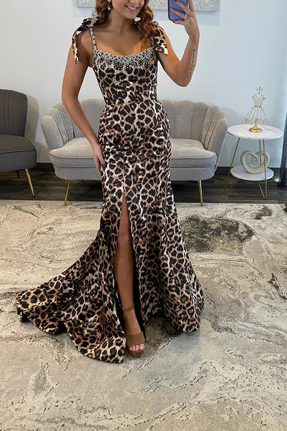 Mermaid Square Neck Brown Leopard Long Prom Dresses with Beads LD16011204