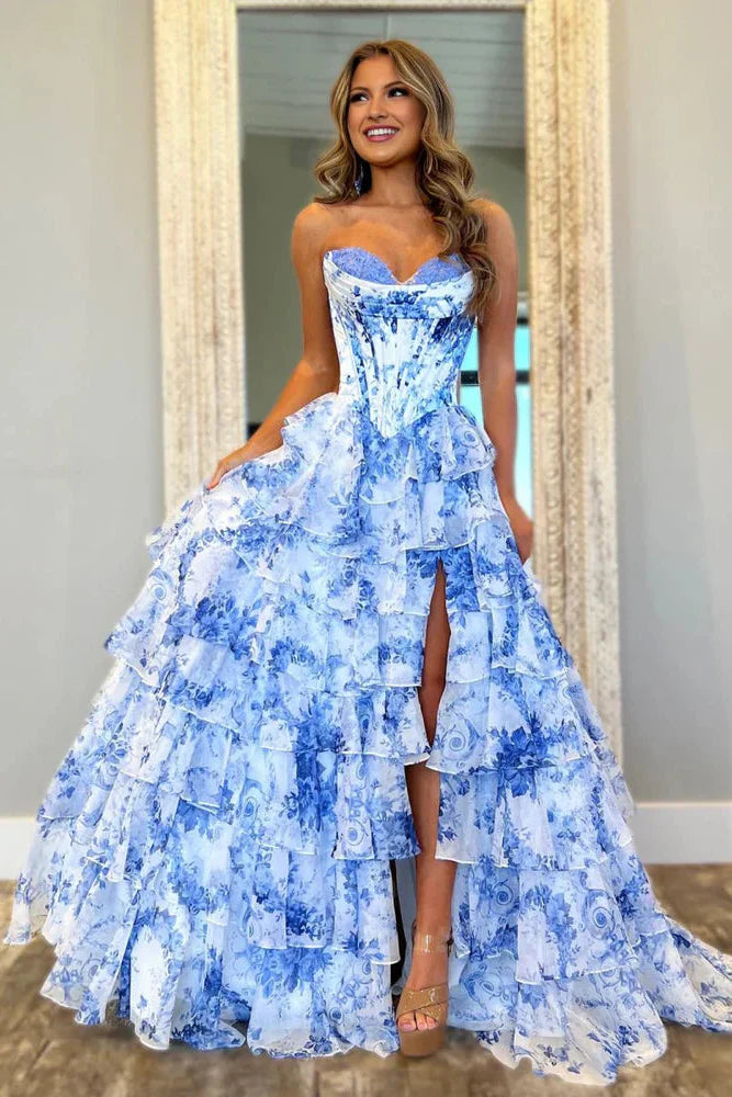 Cute A Line Sweetheart Pink Floral Chiffon Tiered Prom Dress LD011509