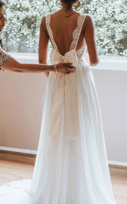 Savannah | Bohemian Chiffon A-Line Wedding Dress with Lace Scalloped Sleeves and Sweep Train