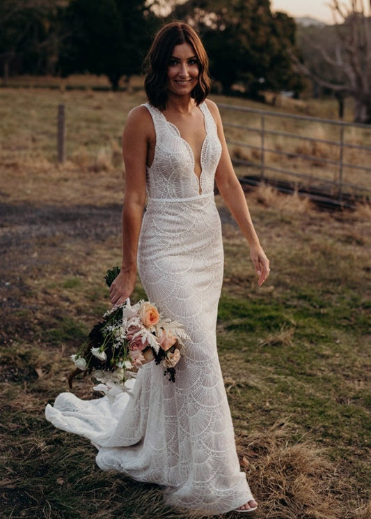 Bohemian V-Neck Lace Mermaid Wedding Dress with Backless Design