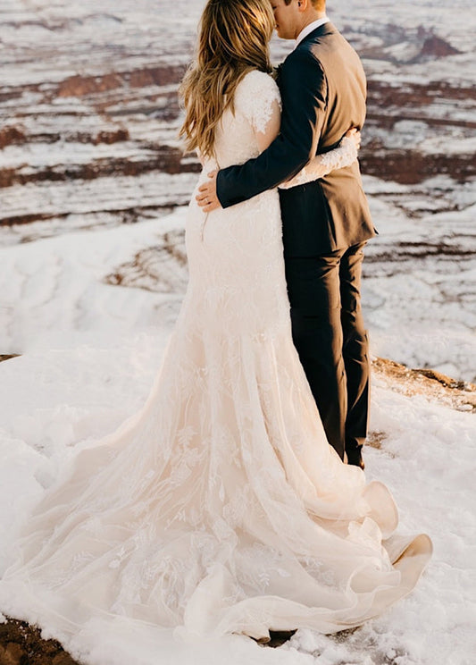 Boho Lace Mermaid Wedding Dress with Long Sleeves and Appliqué Details