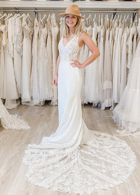 Boho V-Neck Mermaid Bridal Dress with Lace Chapel Train