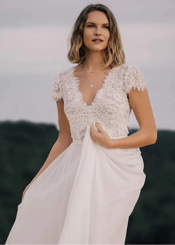 Boho See Through Lace V-Neck A-Line Chiffon Wedding Dress