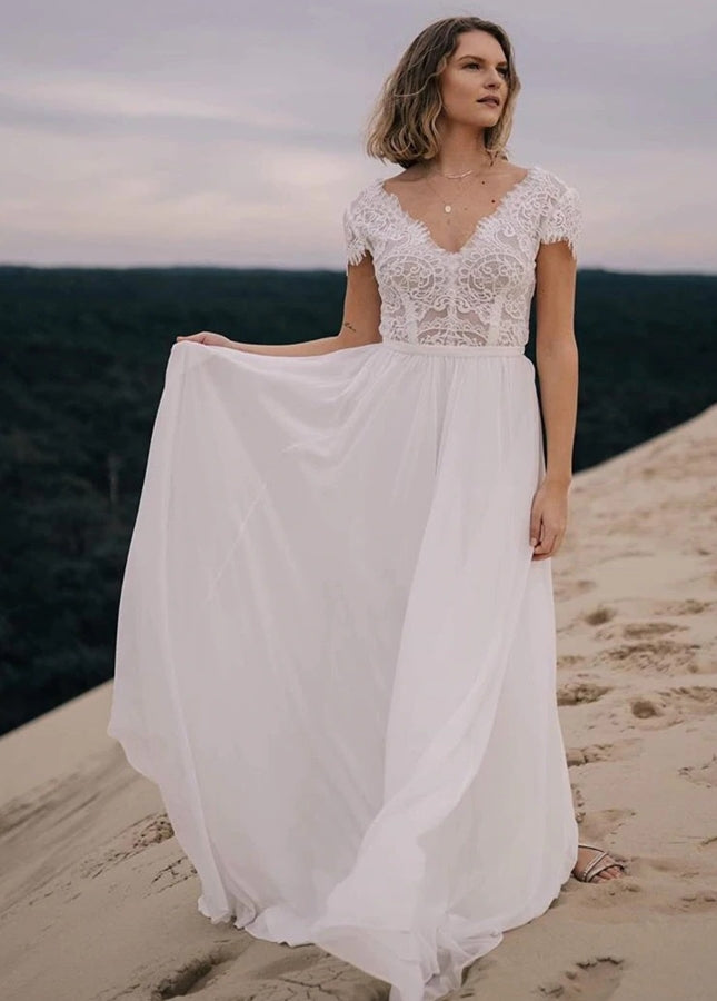 Boho See Through Lace V-Neck A-Line Chiffon Wedding Dress