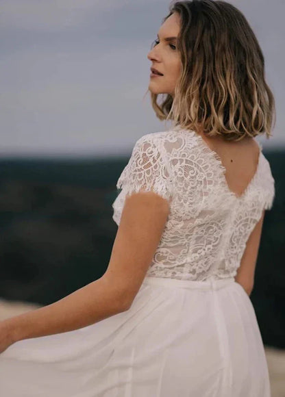 Boho See Through Lace V-Neck A-Line Chiffon Wedding Dress