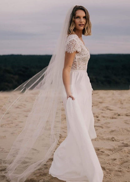 Boho See Through Lace V-Neck A-Line Chiffon Wedding Dress