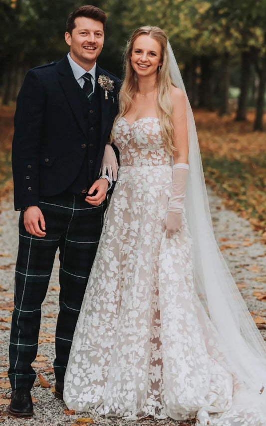 Boho A-Line Strapless Garden Wedding Dress with White Lace Appliqués and Sweep Train