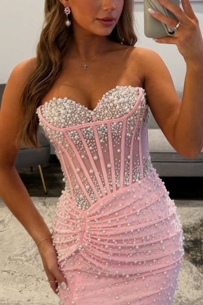 Mermaid Sweetheart Corset Pink Pearls Beaded Long Prom Dresses with Slit LD16010708