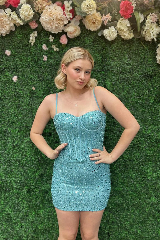 Cute Sparkly Bodycon Sweetheart Mint Sequins Short Homecoming Dresses LD070805