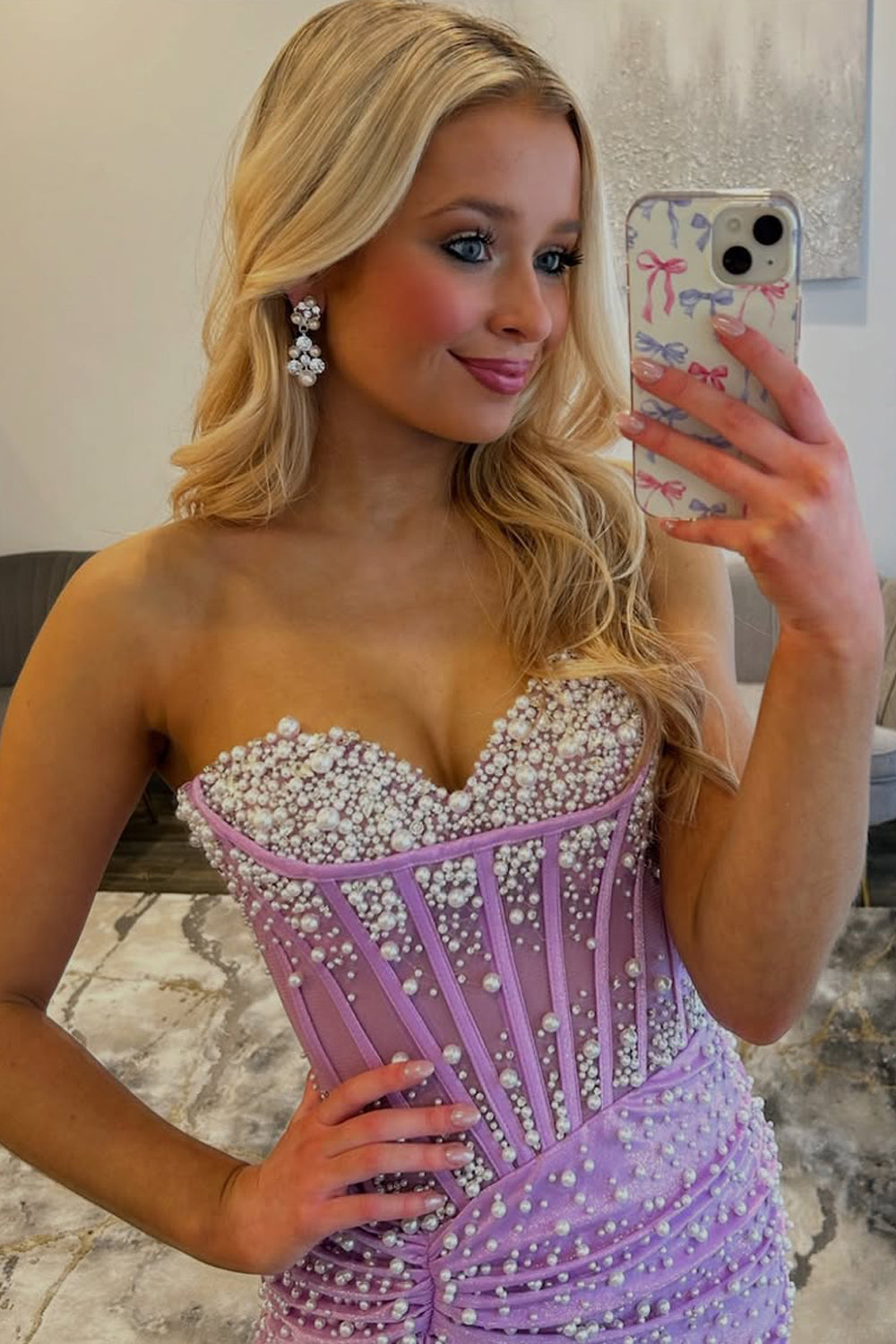 Mermaid Sweetheart Pink Corset Pearls Prom Dresses with Slit LD16012703