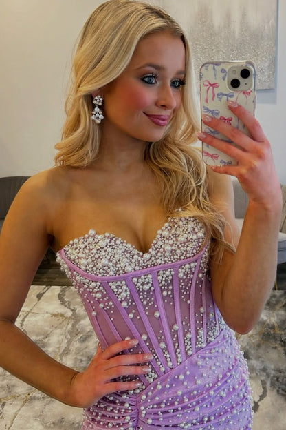 Mermaid Sweetheart Pink Corset Pearls Prom Dresses with Slit LD16012703