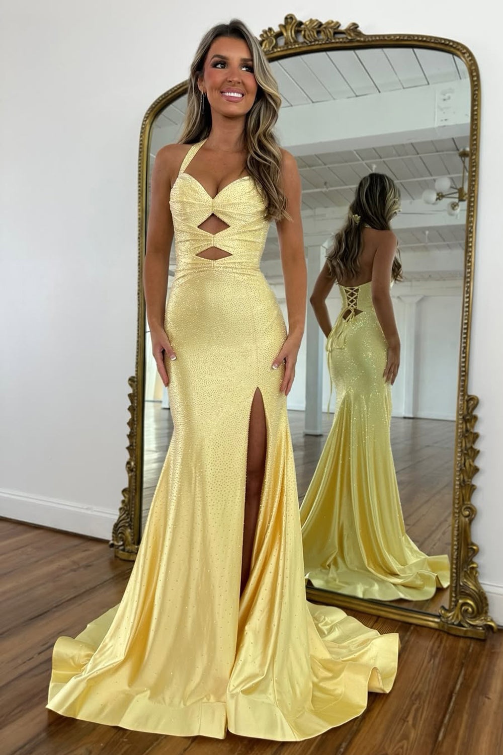 Pink Mermaid Halter Keyholes Beaded Long Prom Dresses with Slit LD26012903