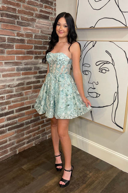 Cute Mint Sequins Strapless Lace Sequins Short Homecoming Dresses