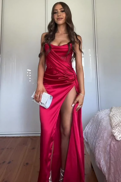 Mermaid Strapless White Satin Pleats Long Prom Dresses with Slit LD16011607