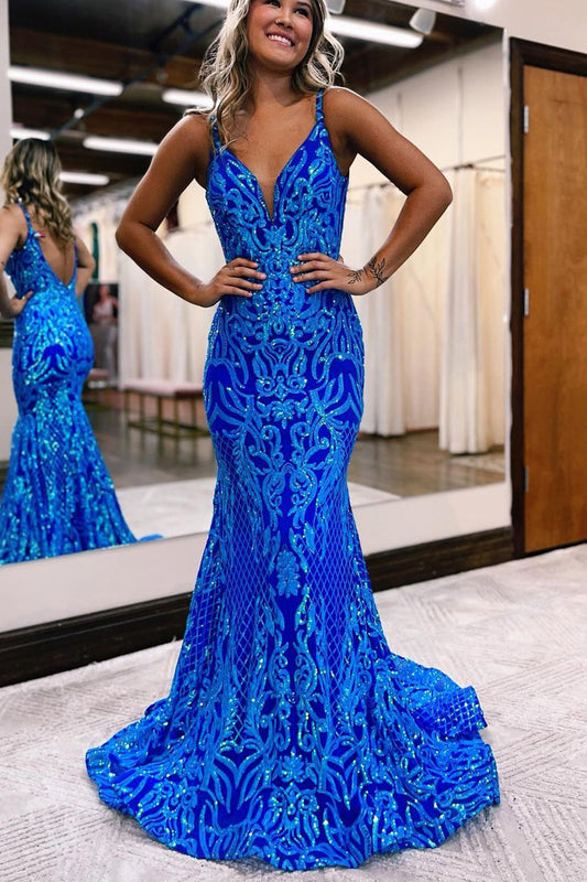 Cute Sparkly Mermaid V Neck Royal Blue Sequins Long Prom Dresses LD070818