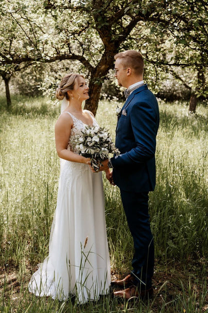 Vivienne | Romantic A-Line V-Neck Chiffon Beach Wedding Dress with Floral Appliques