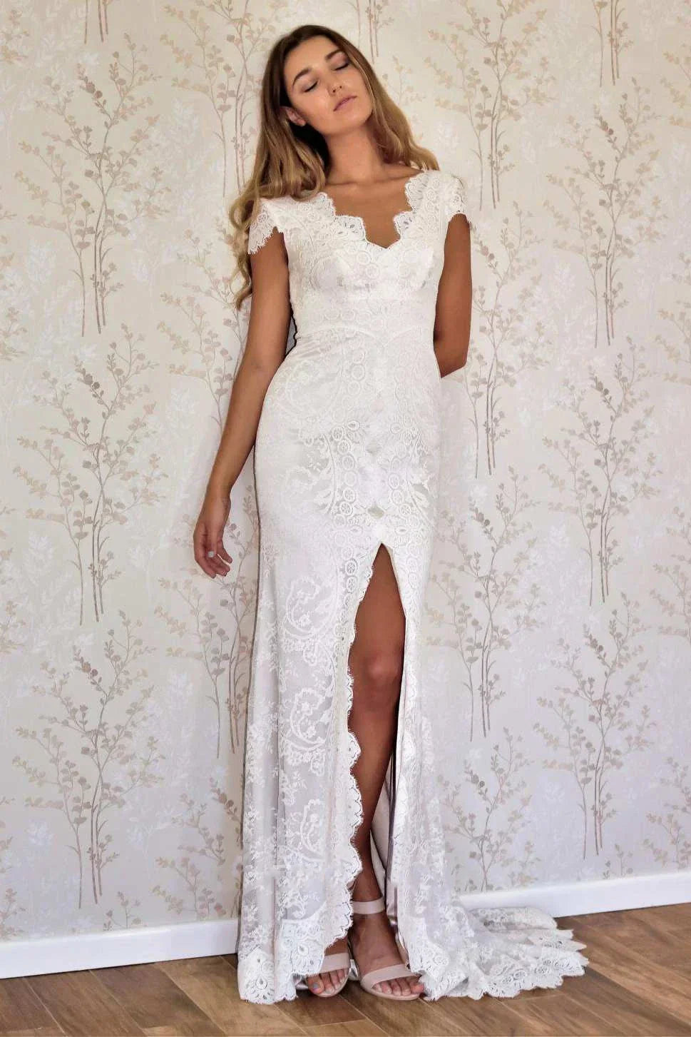 Vivienne | Satin Lace Mermaid Wedding Dress with Cap Sleeves and Front Split