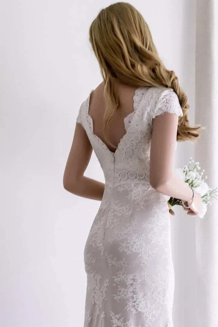 Vivienne | Satin Lace Mermaid Wedding Dress with Cap Sleeves and Front Split