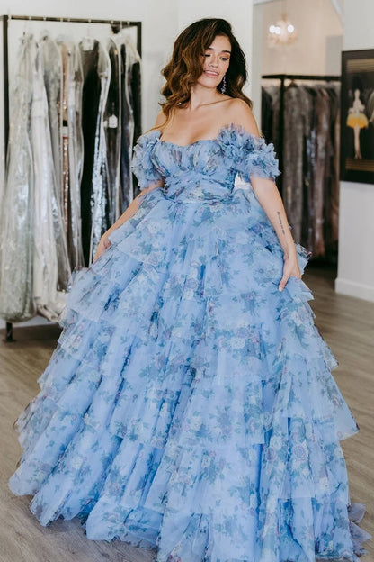 Cute Blue Floral Tiered Prom Dress with Ruffles LD062554