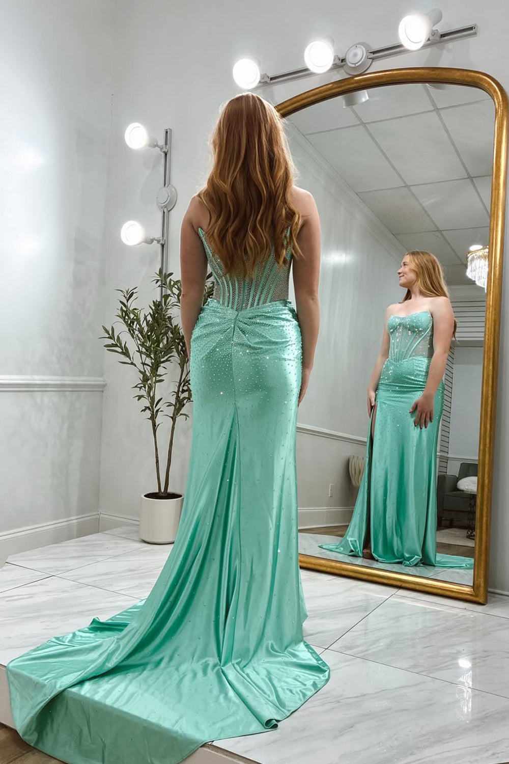 Mermaid Strapless Mint Satin Long Prom Dresses with Beadings LD16012006