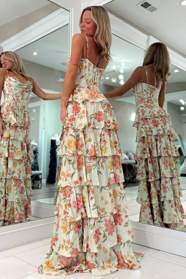A-Line Sweetheart Spaghetti Straps Floral Printed Tiered Long Prom Dresses with Slit LD16011603