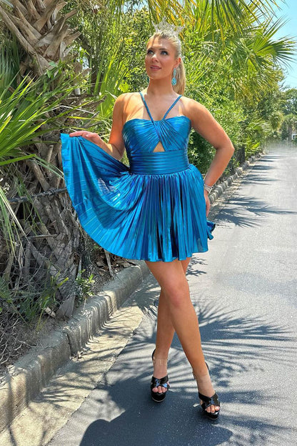 Cute A-Line Straps Blue Satin Short Homecoming Dresses LD070907