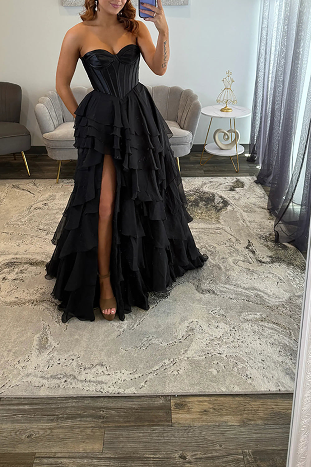 Classic Ball Gown Strapless Black Chiffon Ruffle Tiered Prom Dresses with Slit LD16010706