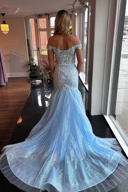 Elegant Off-the-Shoulder Light Blue Satin Mermaid Prom Dress with Sequin Appliques