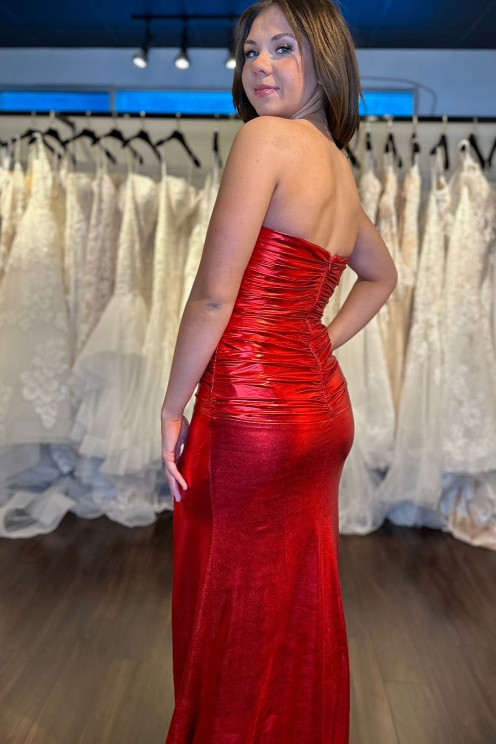 Chic Mermaid Strapless Red Metallic Satin Prom Dress with Slit