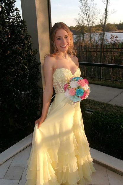 Cute A-Line Sweetheart Yellow Ruffles Tiered Chiffon Long Prom Dresses LD16011206