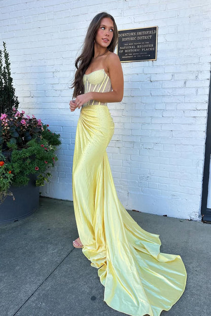 Mermaid Strapless Yellow Croset Satin Long Prom Dresses with Slit LD16012002