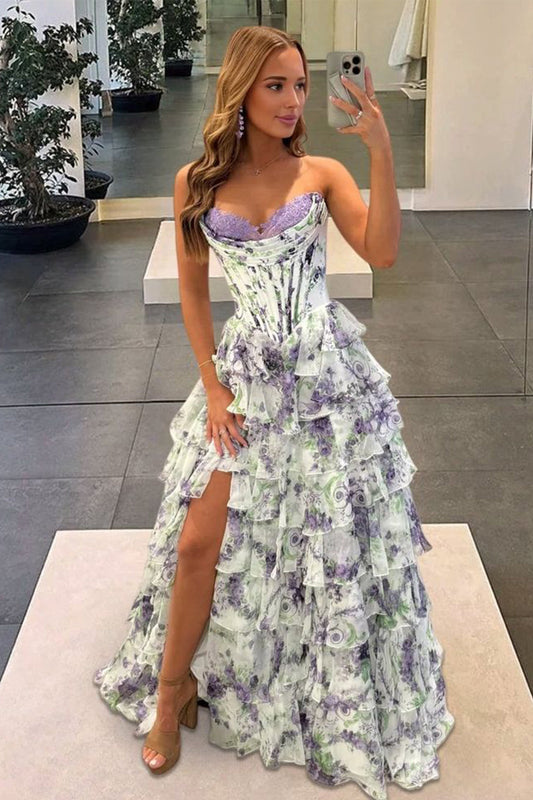 Sweet A Line Sweetheart Floral Chiffon Tiered Prom Dress with Slit LD16122802